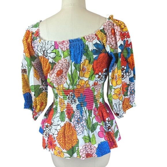 Cara Cara Heidi Smocked Top Shirt Womens S Blue Red Floral Peplum Cotton - Picture 3 of 6
